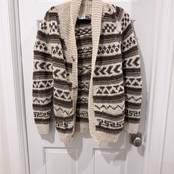 Other - Handmade 100% Wool Fair Isle Retro Cardigan Sweater - Cream and Brown Size M